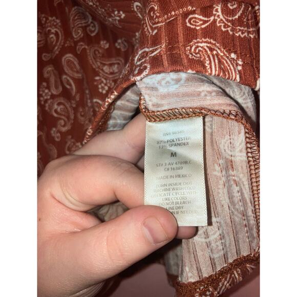 Ava James Brown Paisley Babydoll Tie Front Short Sleeve Blouse Size M - Picture 4 of 5